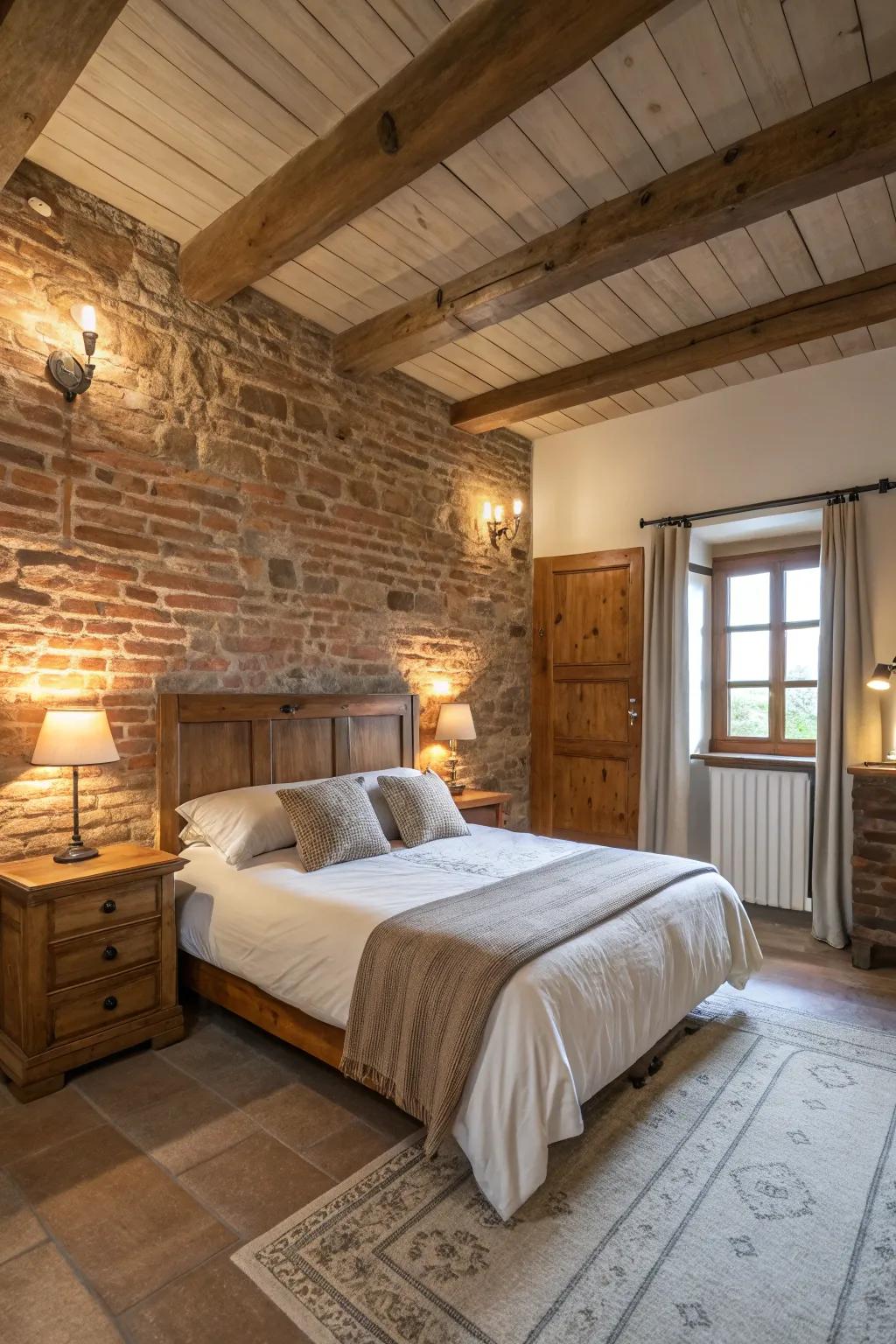A brick wall adds rustic texture.