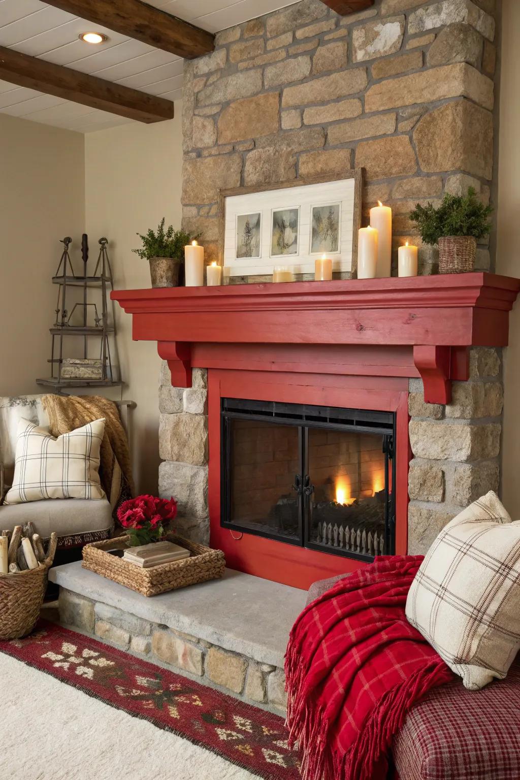 A bold-colored mantel makes a statement in this rustic setting.