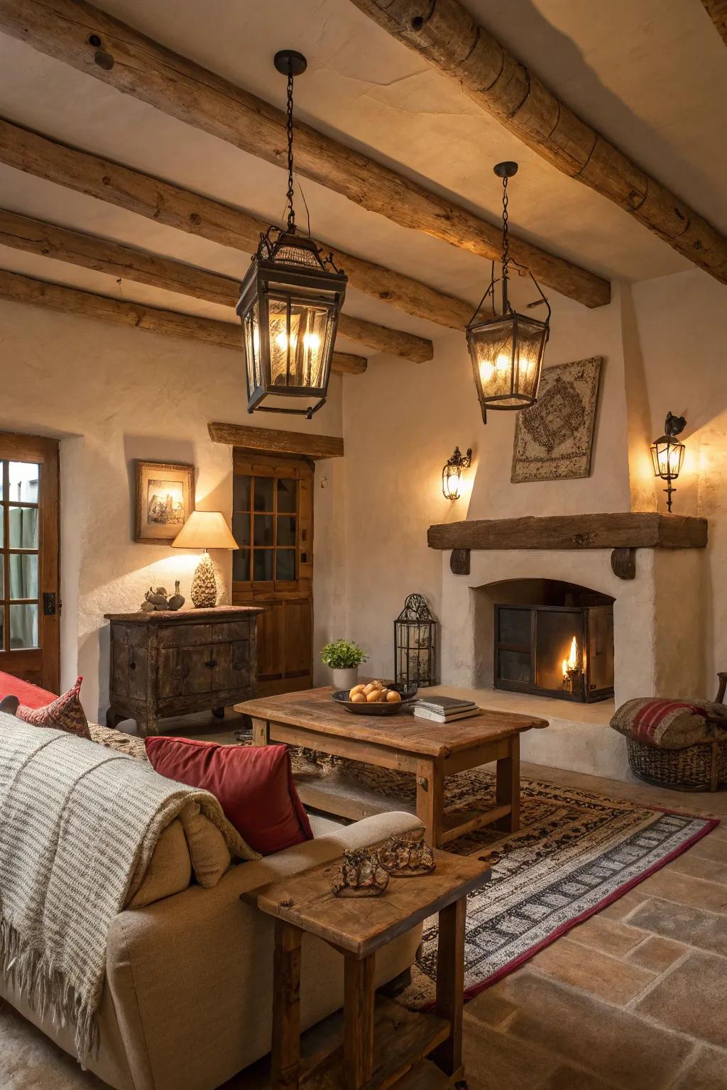 Lantern lighting fixtures bring a quaint, warm radiance to countryside interiors.