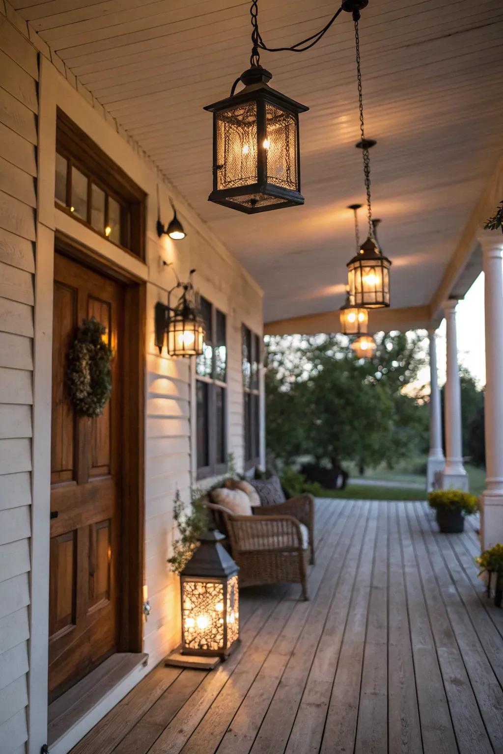 Countryside illumination components elevate the veranda's charm.