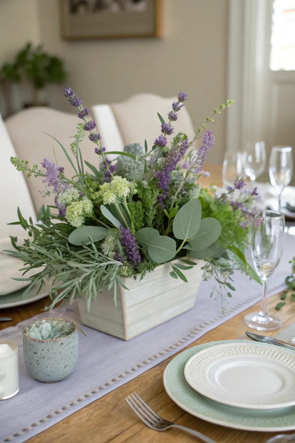 Sage green and lavender unite to craft a soothing and aromatic centerpiece.