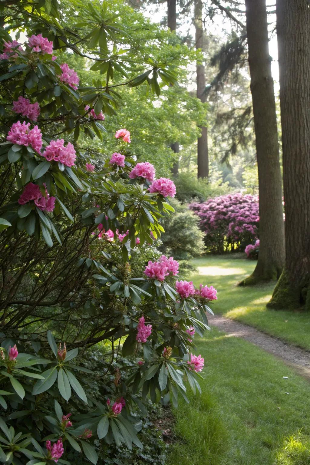 Rhododendrons offer evergreen elegance and spring blooms.