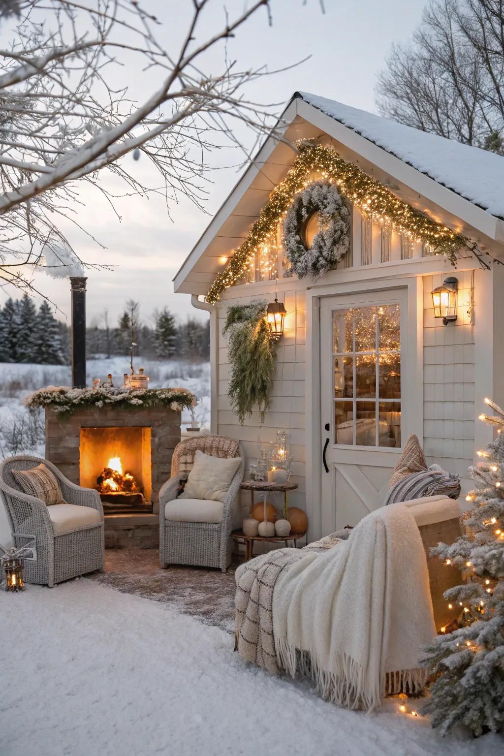 A cozy winter wonderland retreat within a she shed.