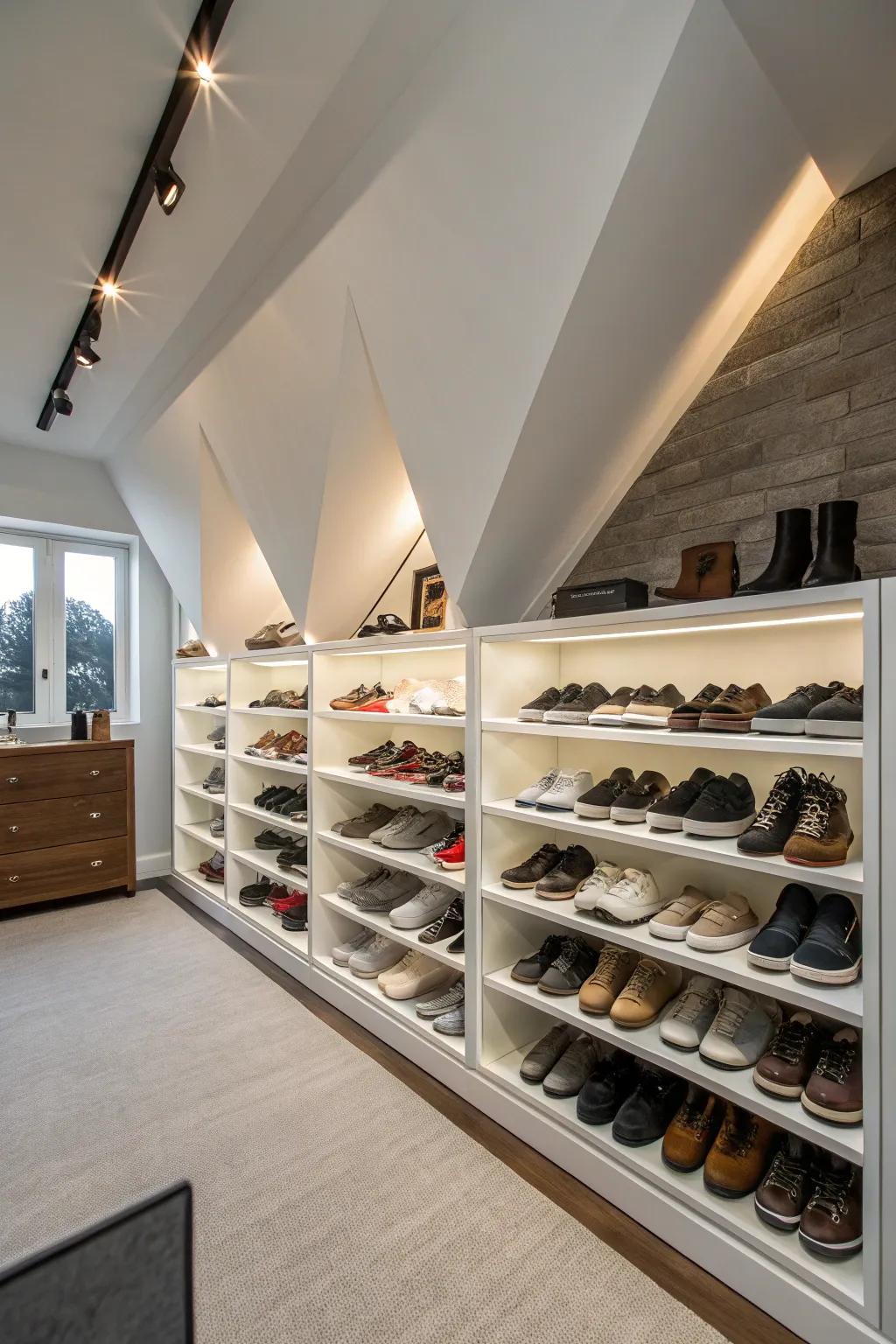 Transform awkward angles into functional shoe storage.