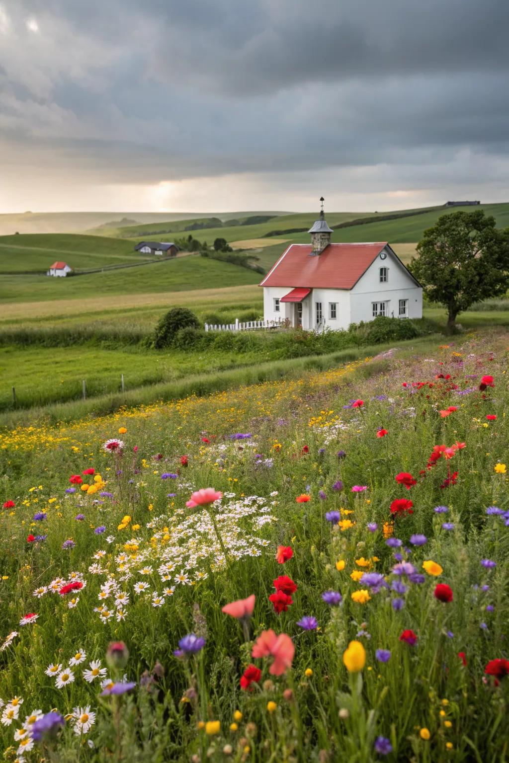 A vibrantly colored wildflower meadow bustling with existence.