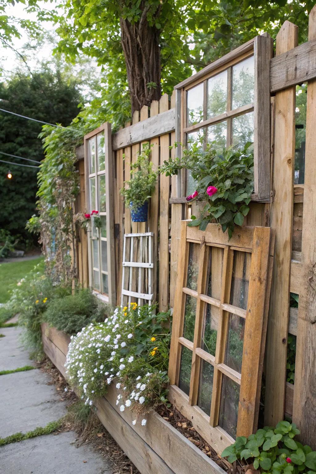 Recycled materials add rustic charm and sustainability to fence landscaping.