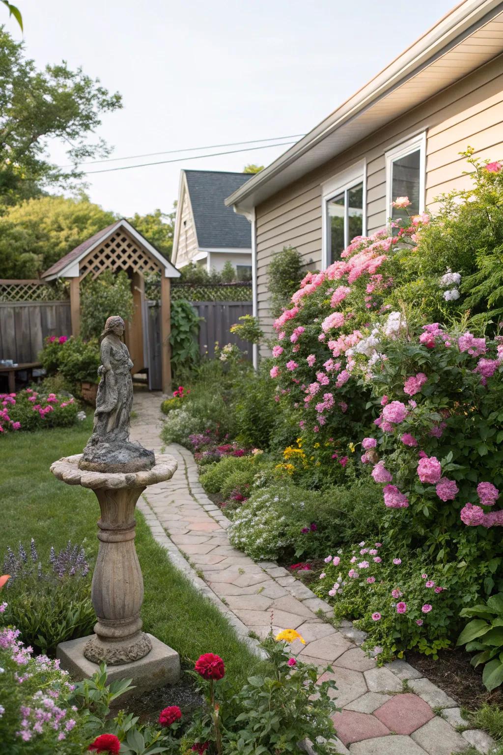 Artful sculptures add personality and interest to your side yard.