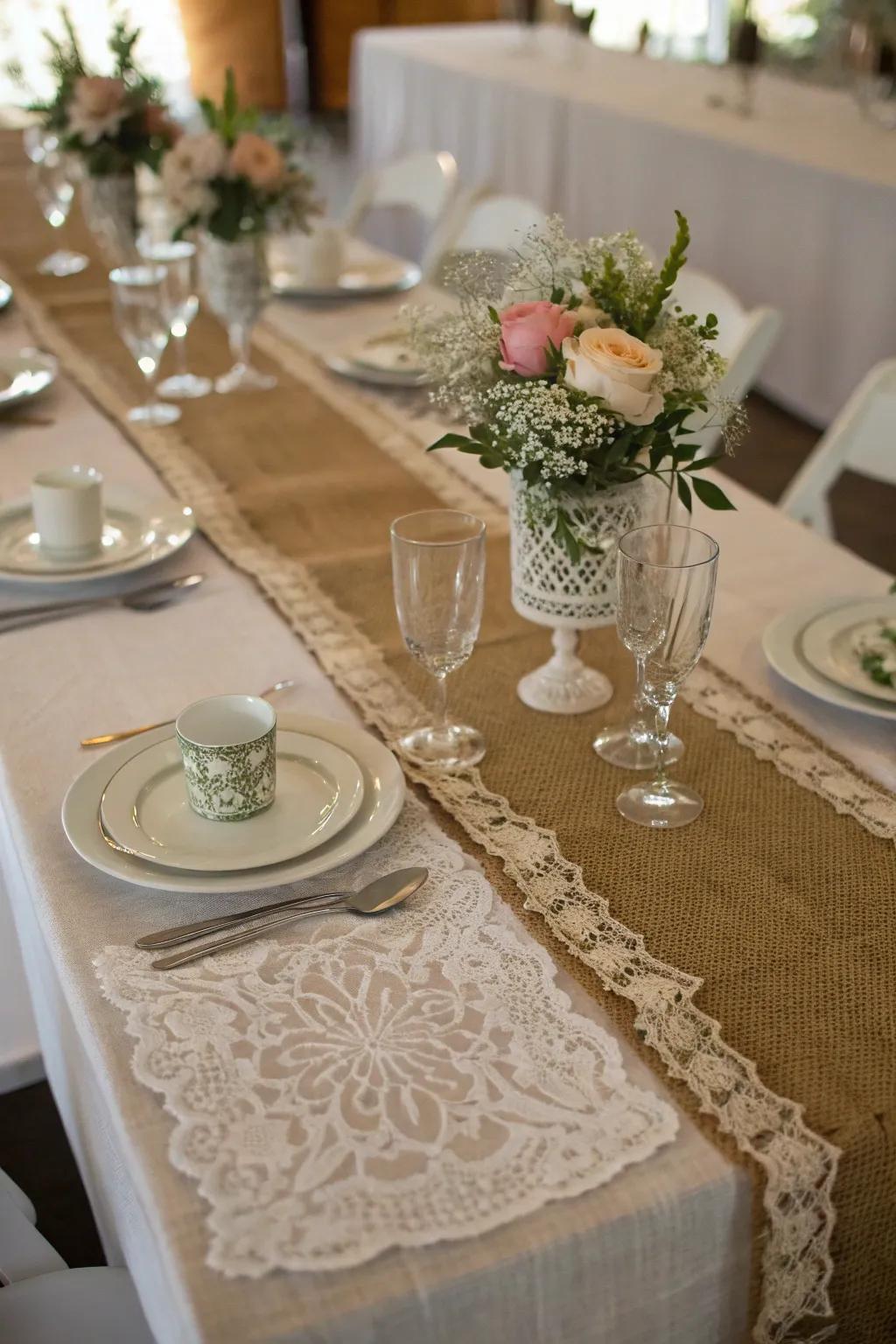 Burlap and lace create a rustic and elegant runner.