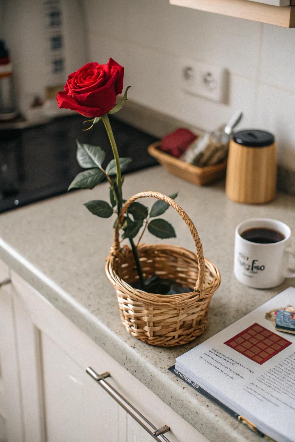 A woven basket grants a natural ambience for showcasing a rose.
