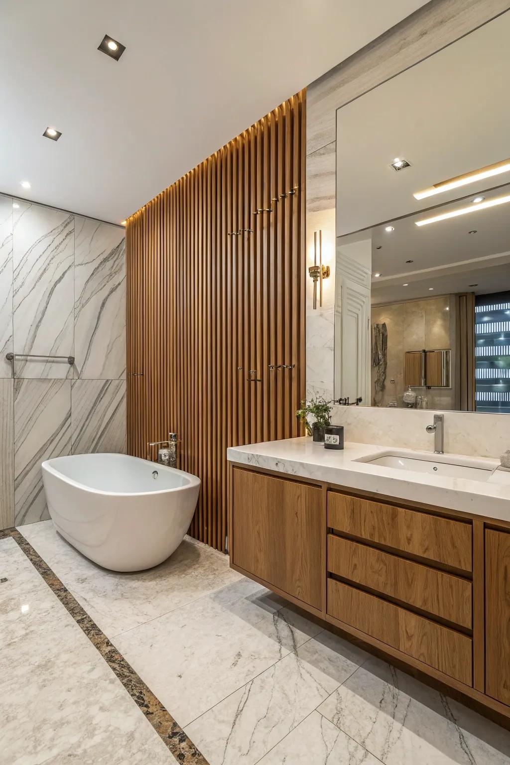A lavatory transformed into a spa-inspired retreat with a wood slat accent.