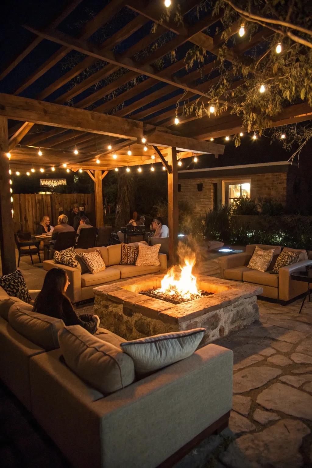 A sunken fire pit area offers a unique and sheltered seating experience.