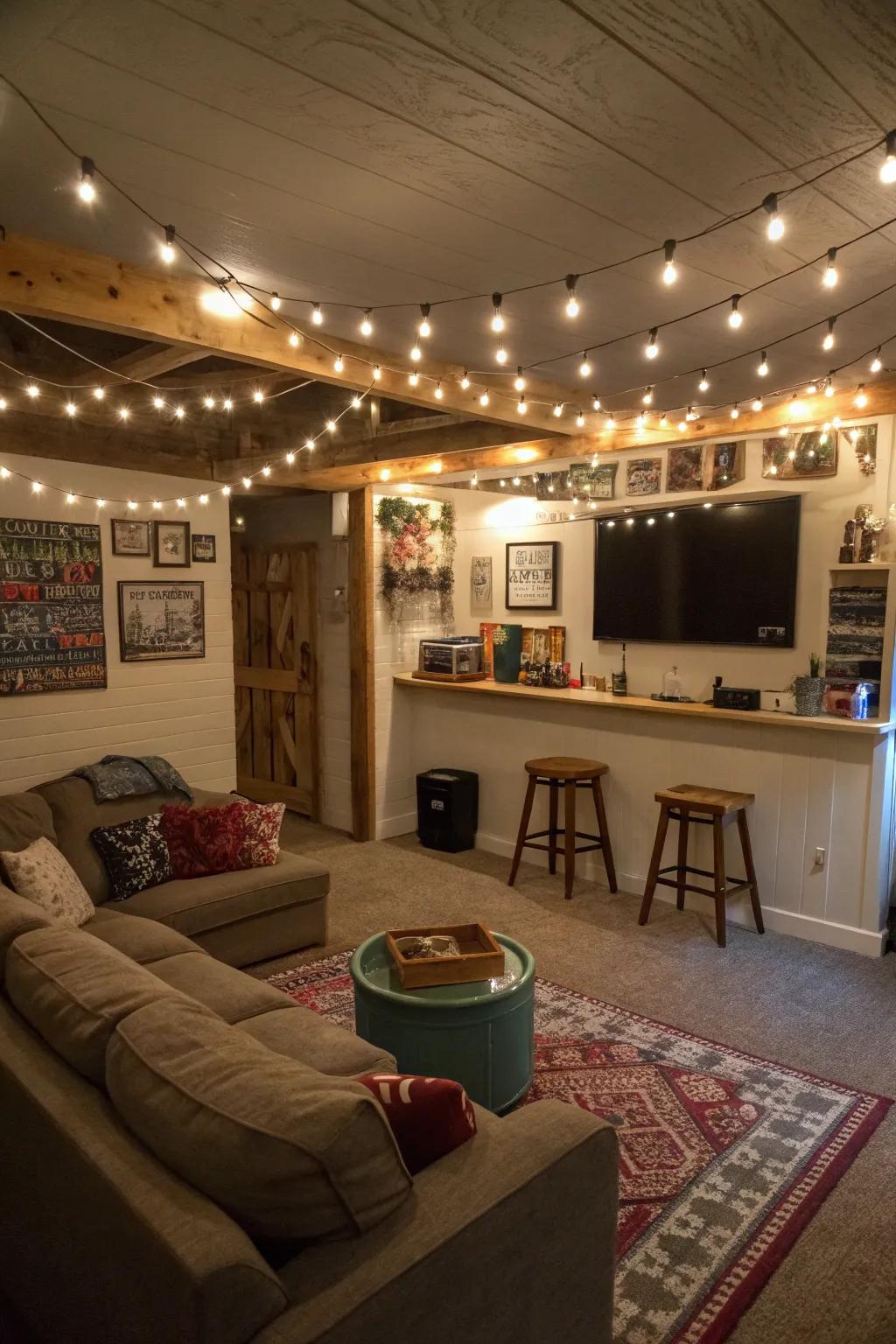 String lights draped across the ceiling create a whimsical and enchanting ambiance.