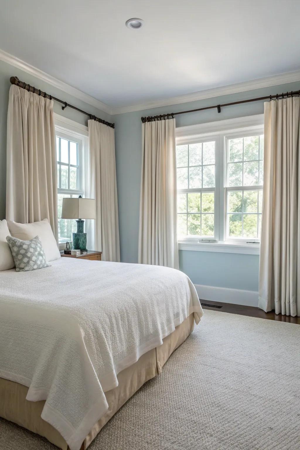 High-hung window coverings generate a perception of altitude within a compact primary bedroom.