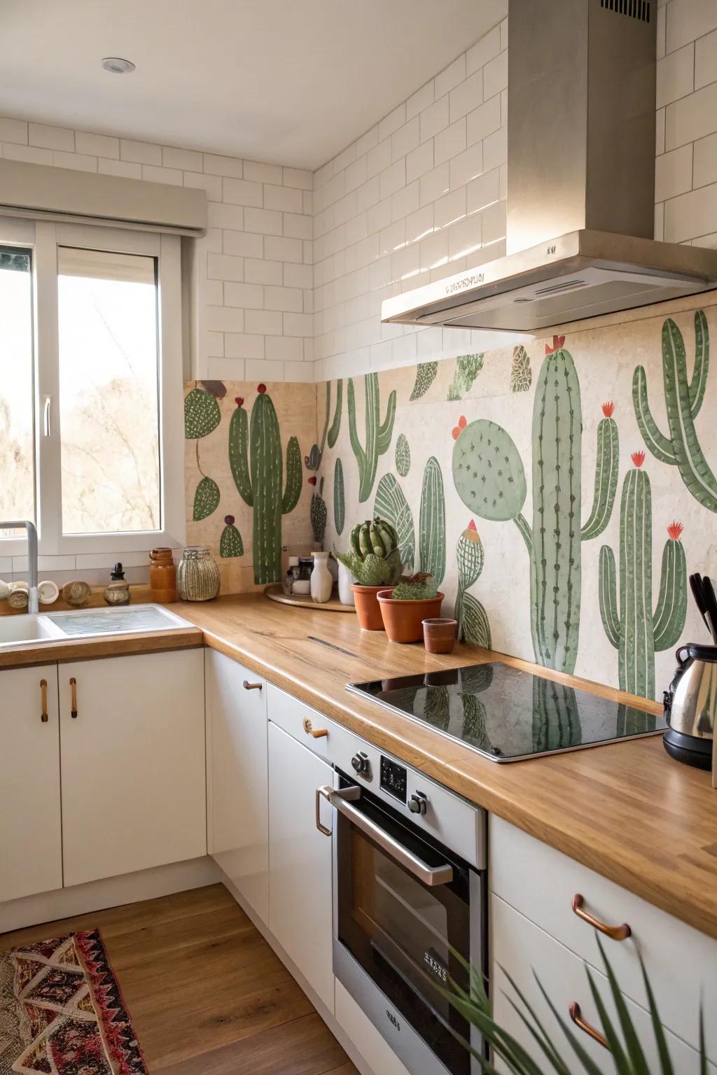 Spiny plant-shaped tiles add a quirky and playful element to the kitchen.