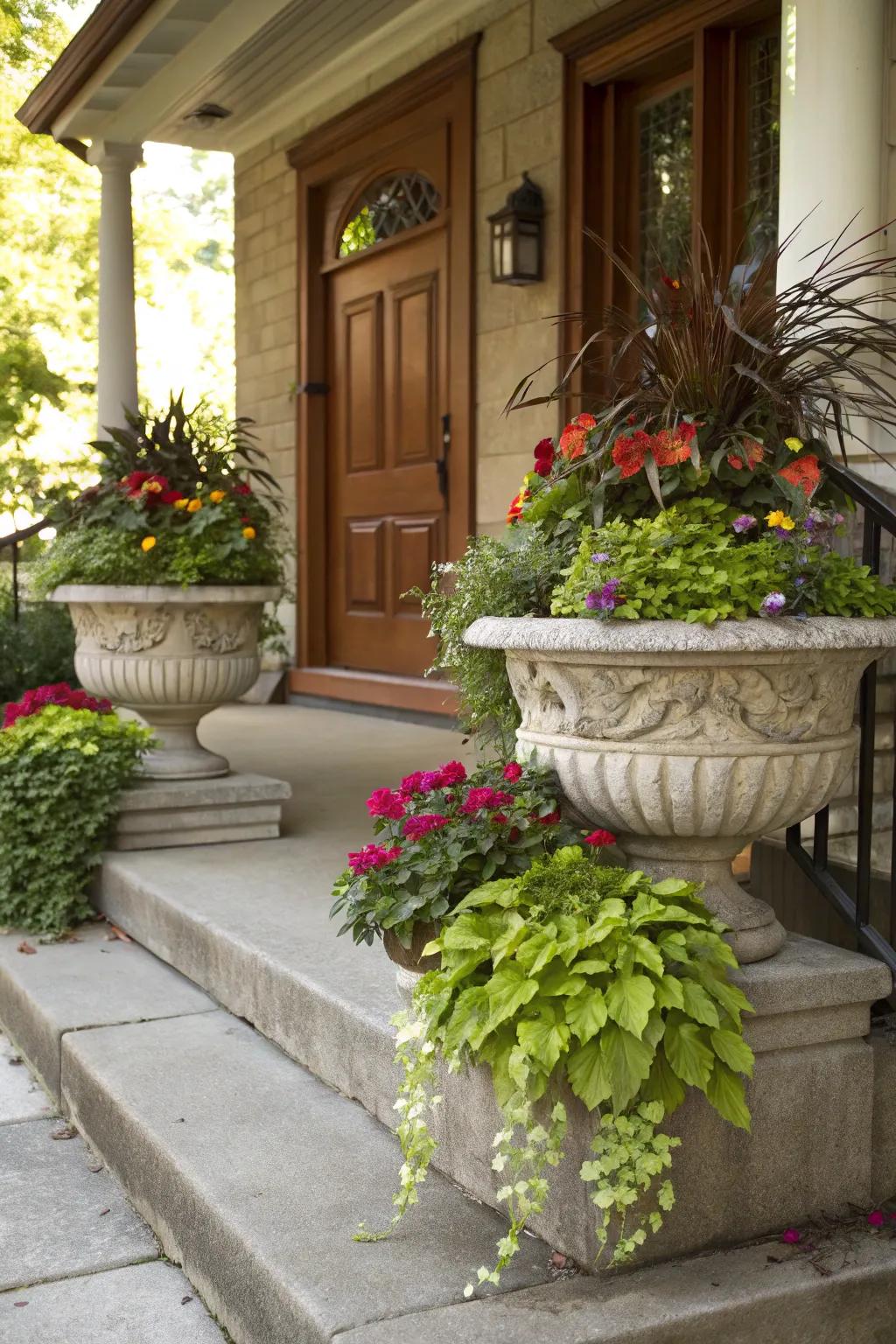 Stone planters enhance the green appeal of the porch.