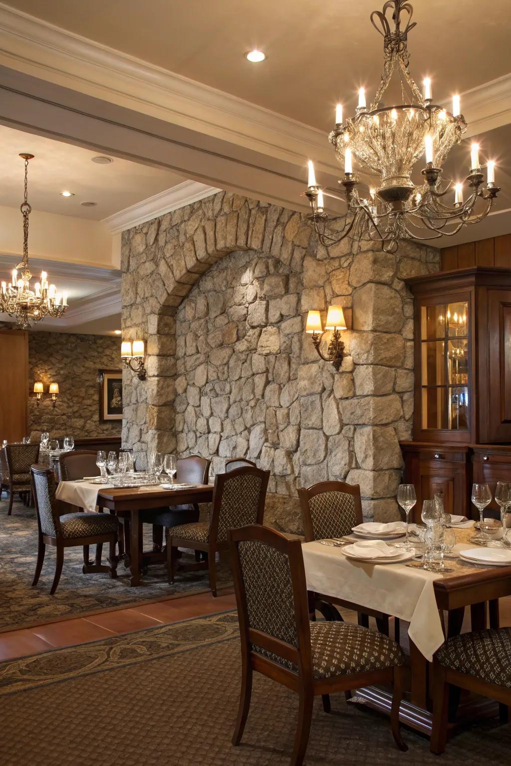 A dining room that captivates with a striking rock wall.