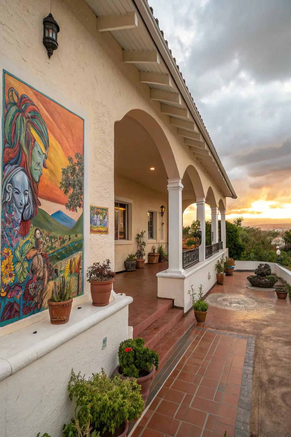 Outdoor artwork adds splashes of color and individuality to this porch.