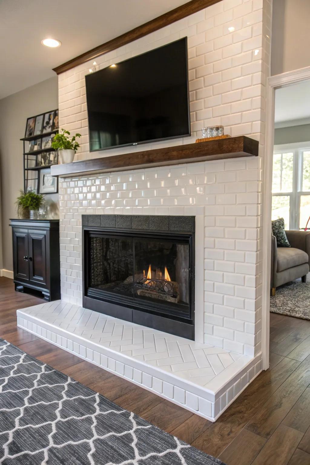 Blending textures in strip tiles incorporates depth to this stylish fireplace.