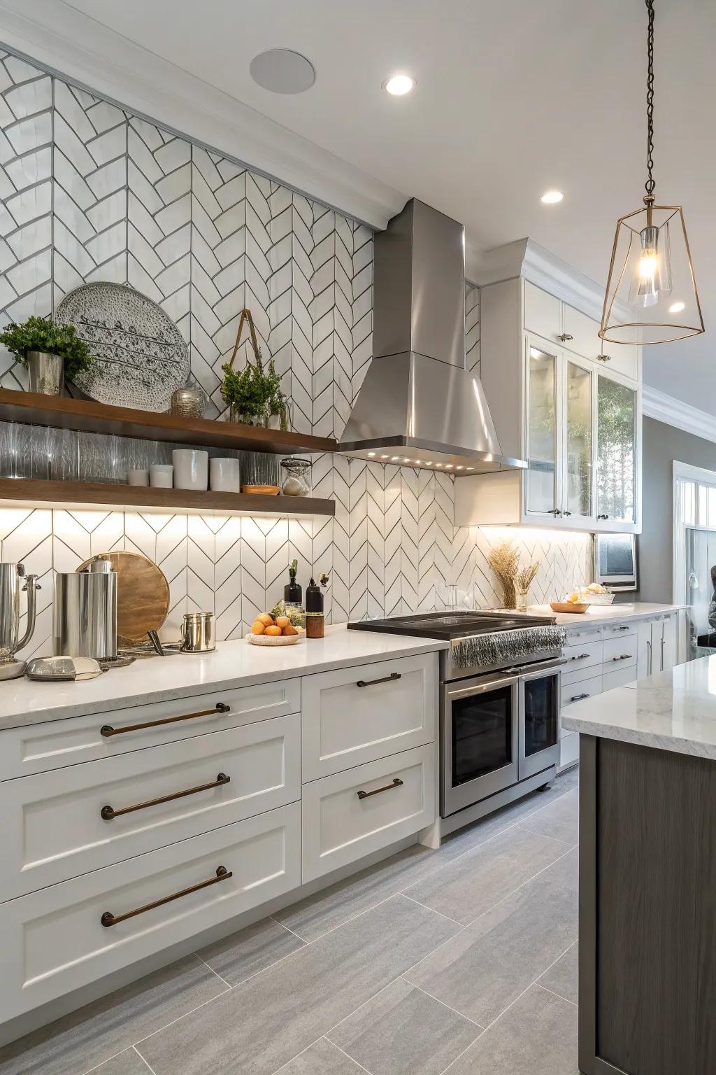 A contemporary and sophisticated stroke is imparted onto this kitchen via zigzag claddings.