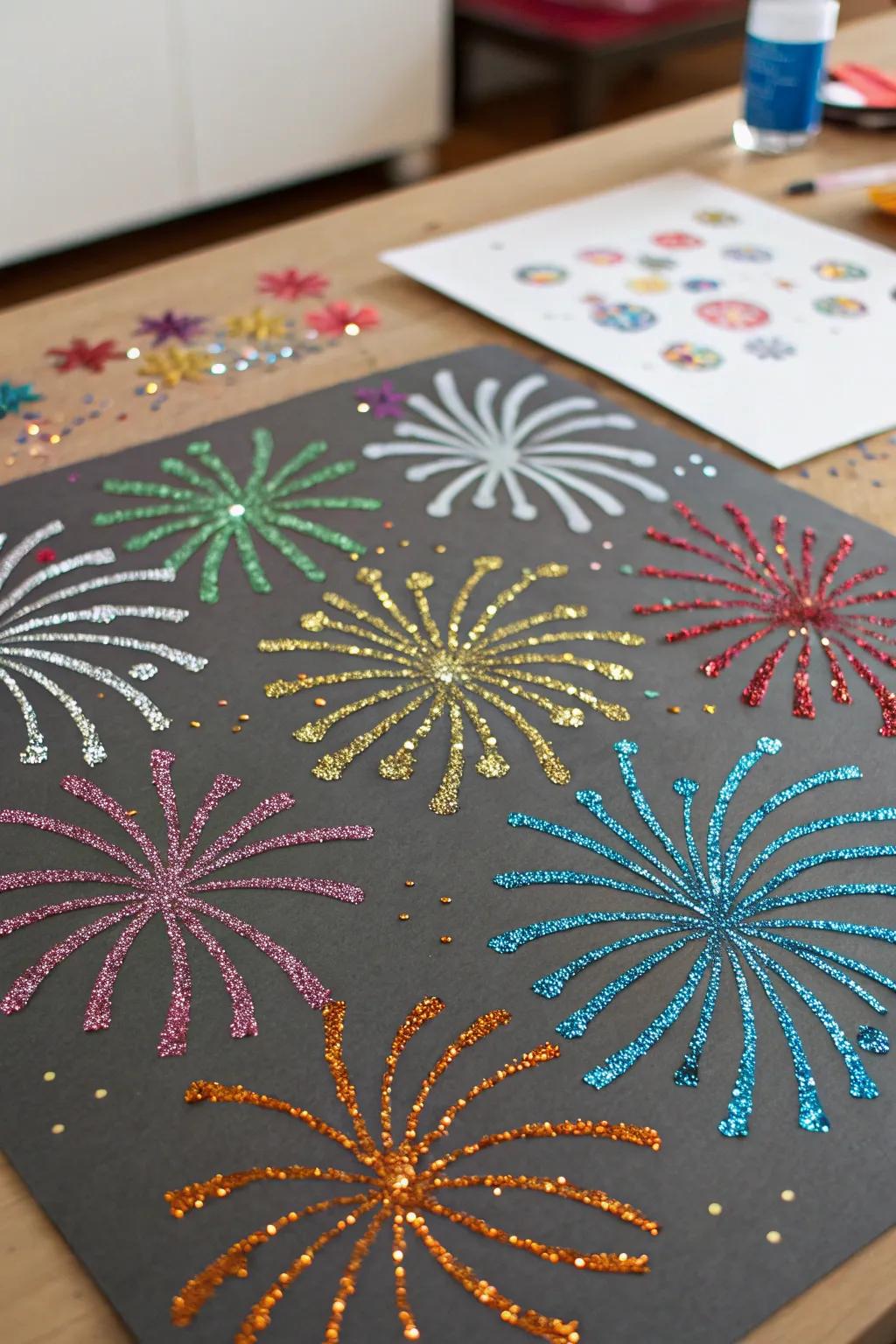 A festive board display with sparkly fireworks.