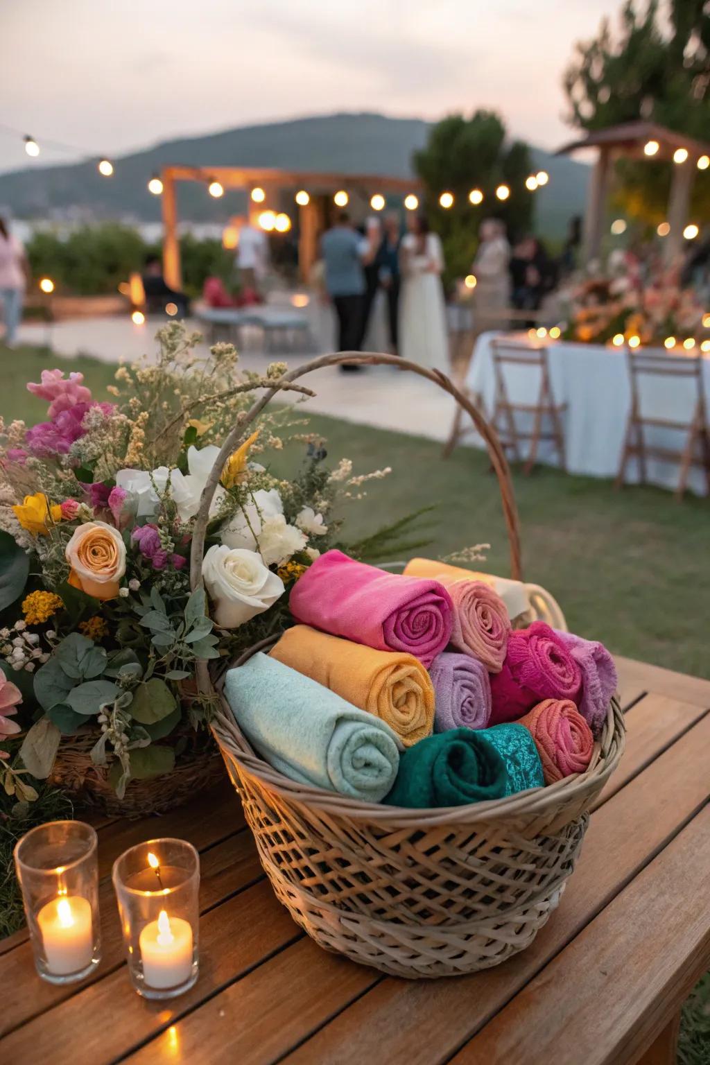 A basket of pashminas for attendee comfort at an outdoor wedding.
