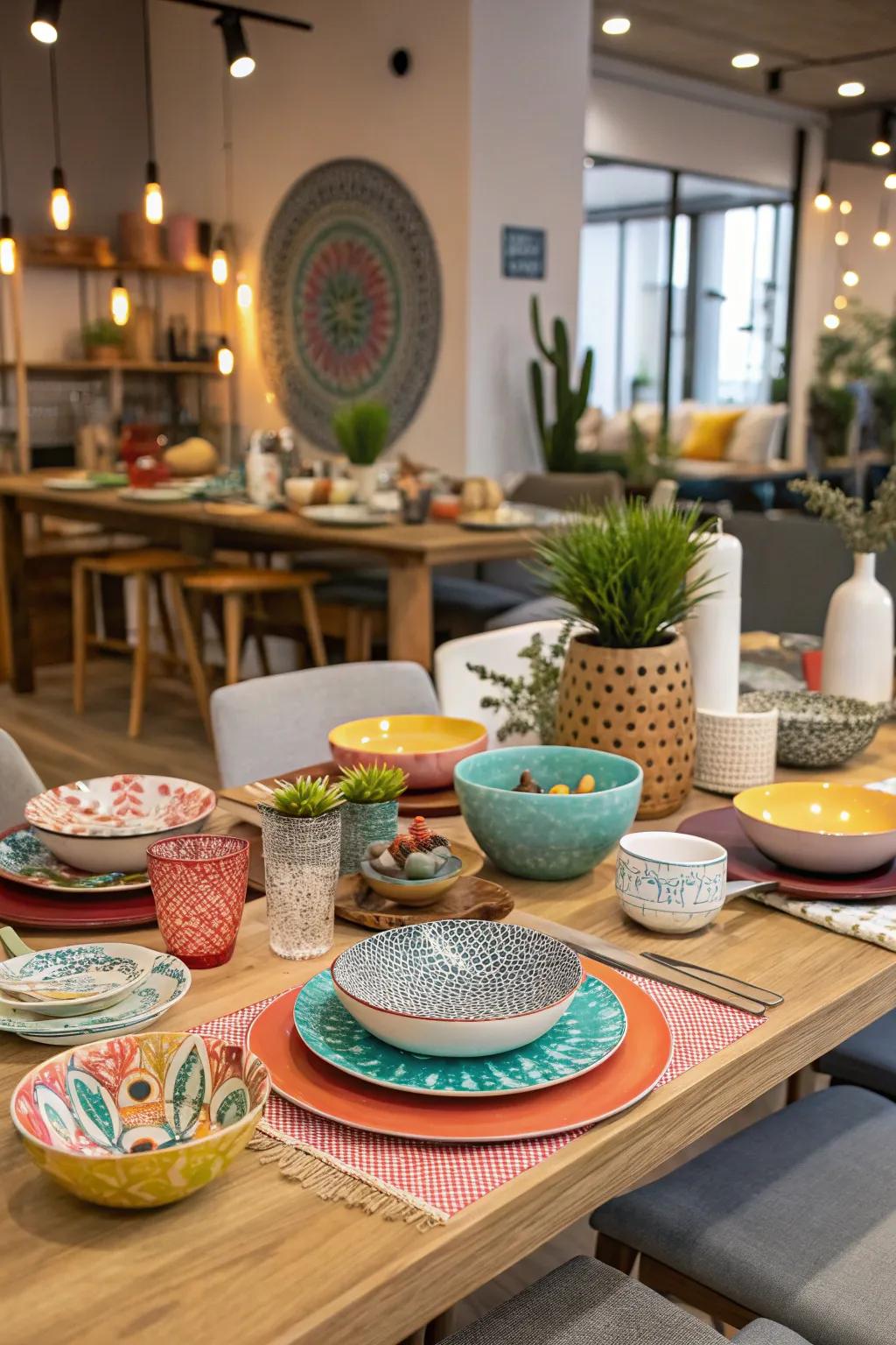 An eclectic table arrangement showcasing a blend of styles and shades.
