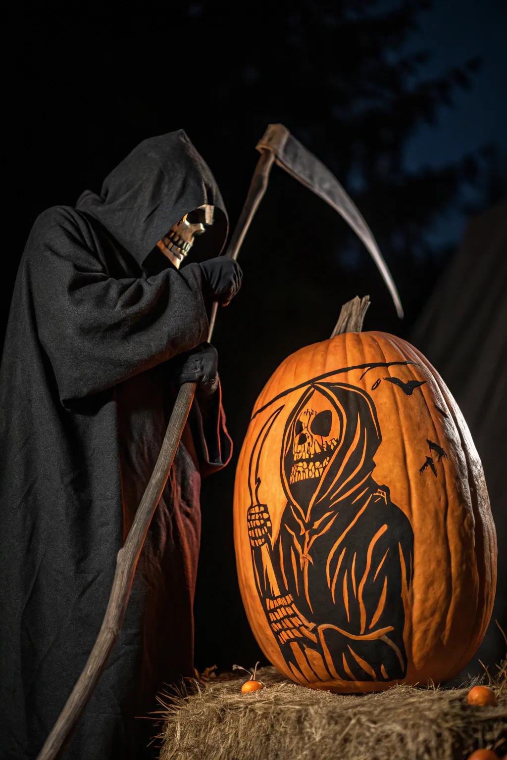 Add a chilling presence with a grim reaper pumpkin design.