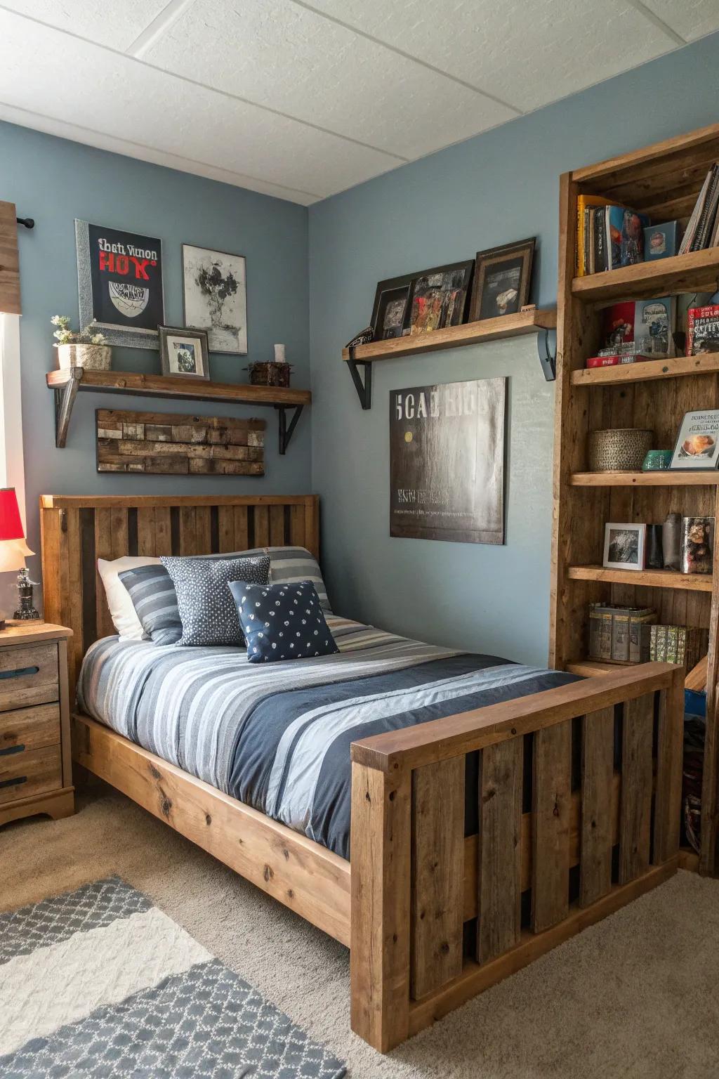 Reclaimed wood adds warmth and a rustic touch to the decor.