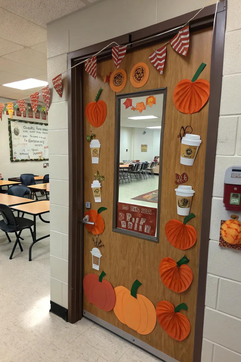 A trendy Pumpkin Spice door display, embracing the flavors of fall.