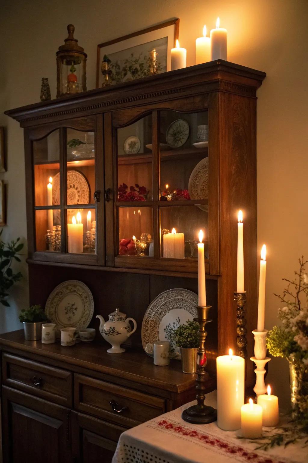 Wax lights conjure a welcoming and inviting ambiance.