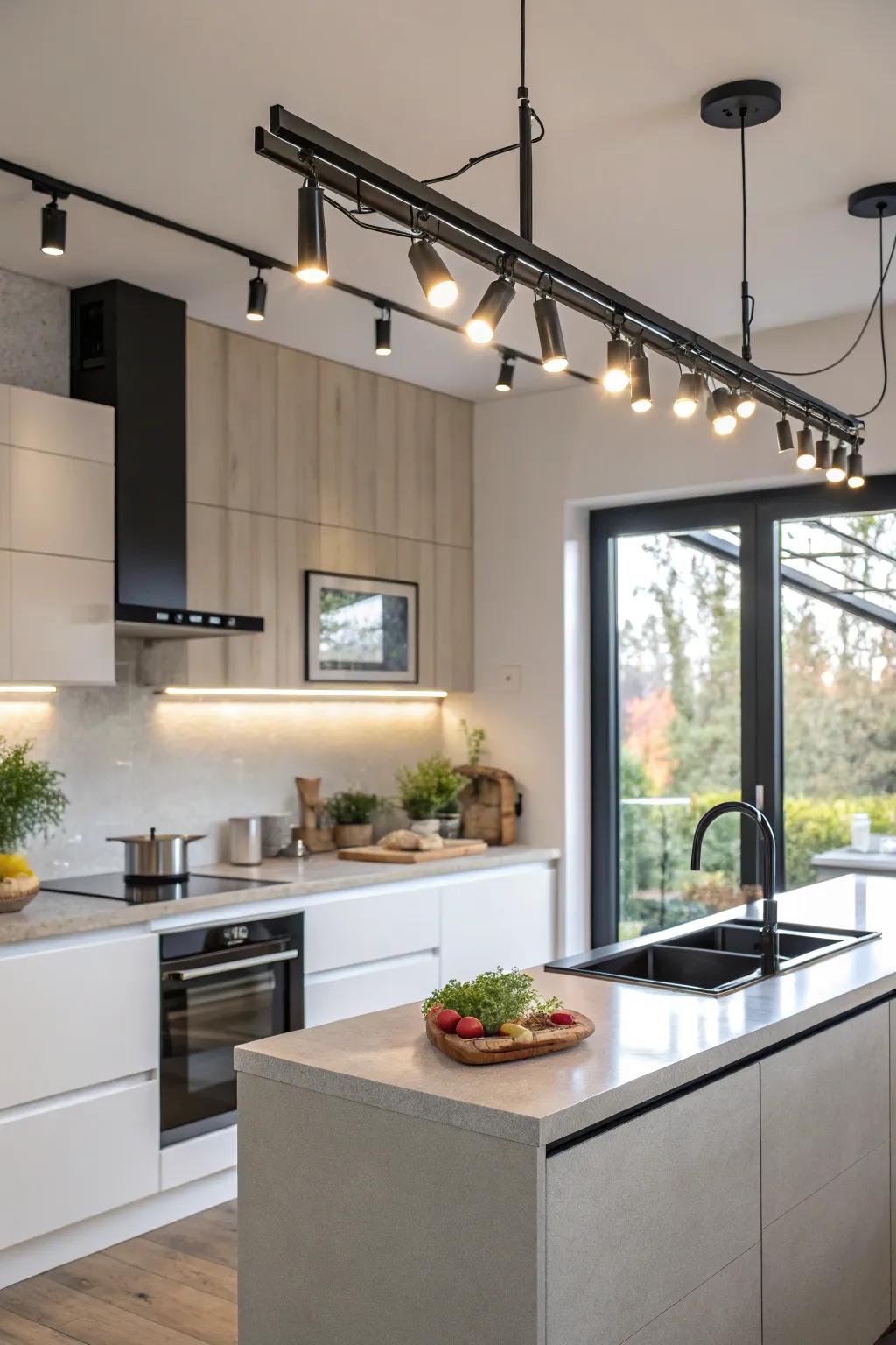 Energy-efficient LED track lighting in a kitchen