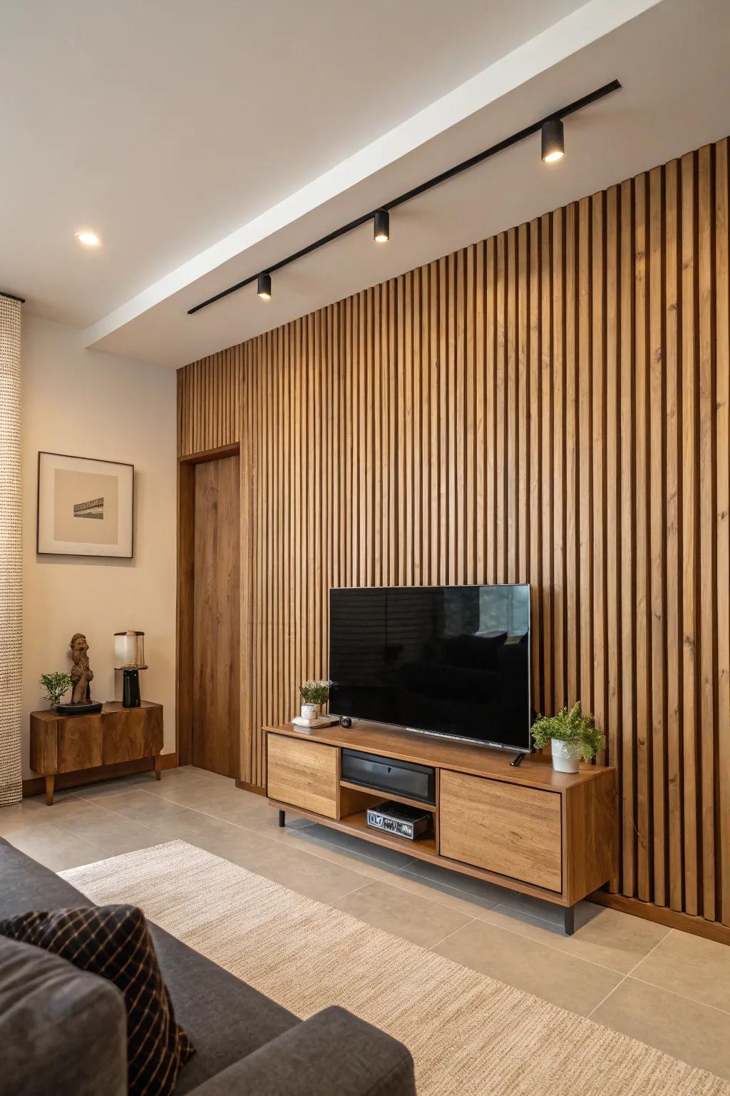 A stylish TV wall showcasing upright wood panelling.