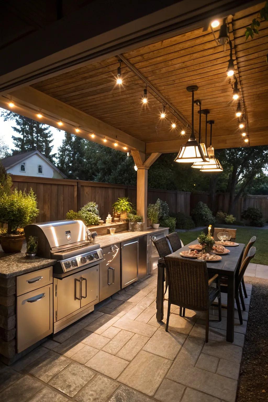 Under eave lighting improves the functionality of outdoor kitchens.