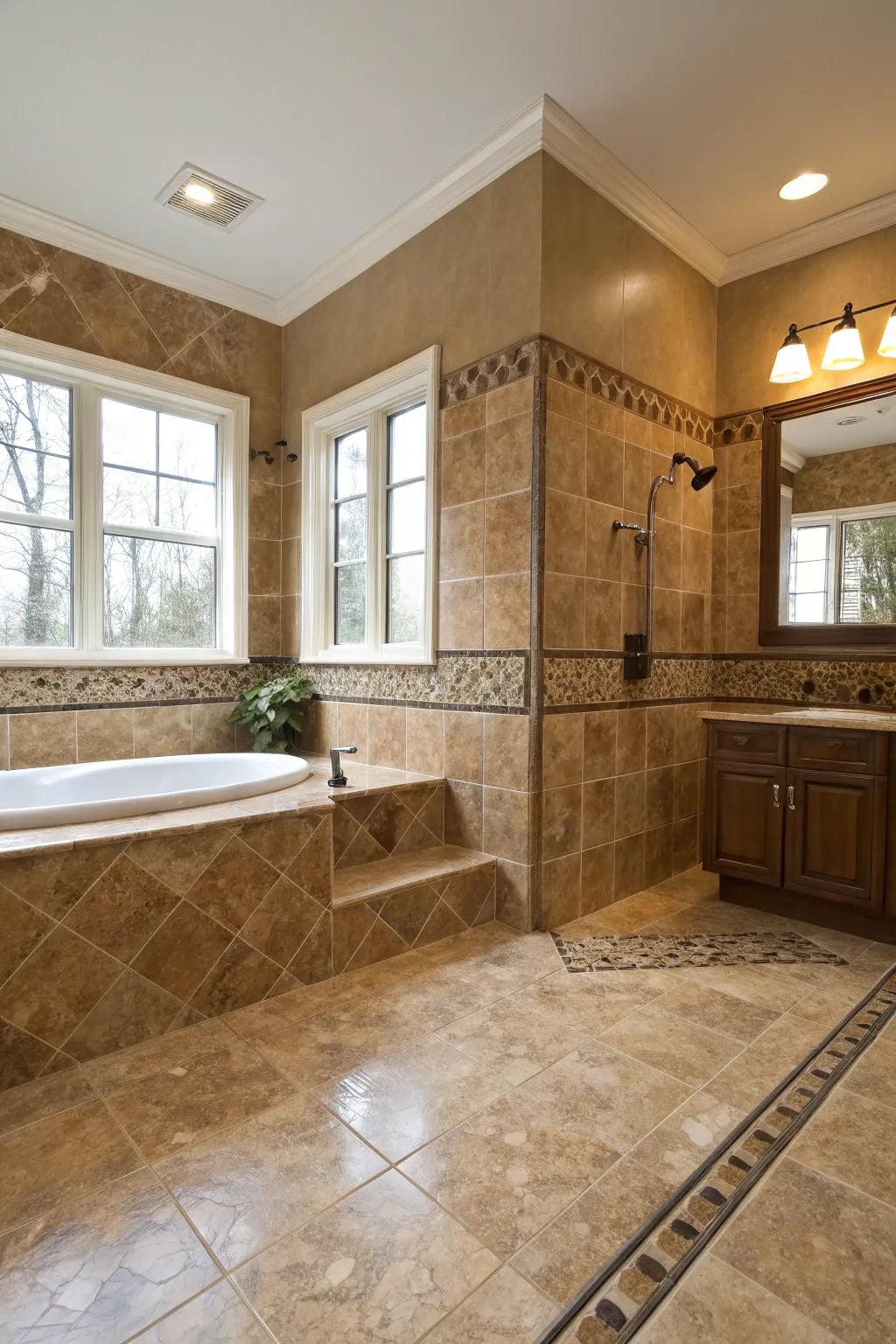 Travertine accents add a sophisticated touch to brown squares.