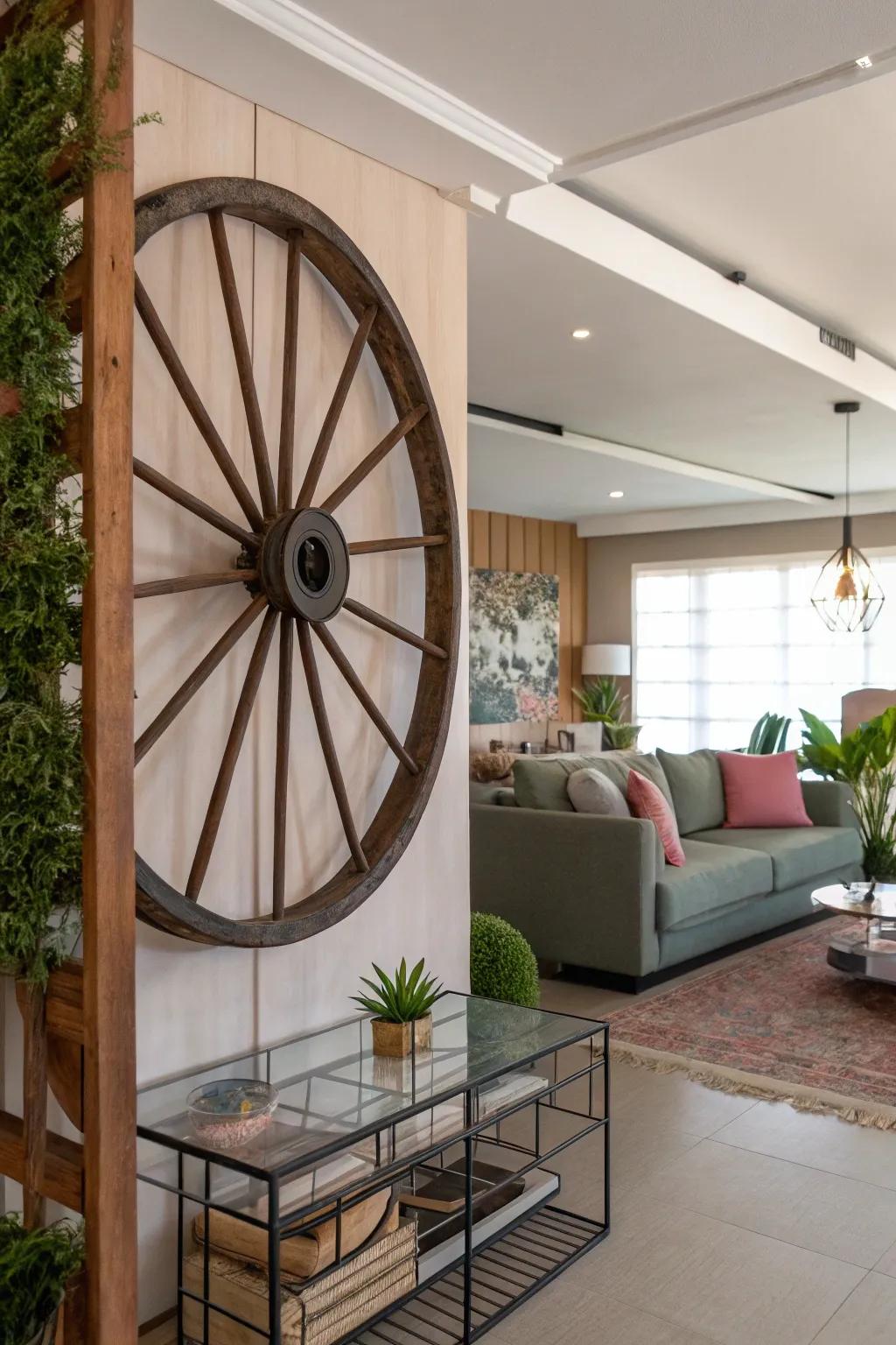 A cartwheel creatively serving as a chamber divider, incorporating interest to the space.