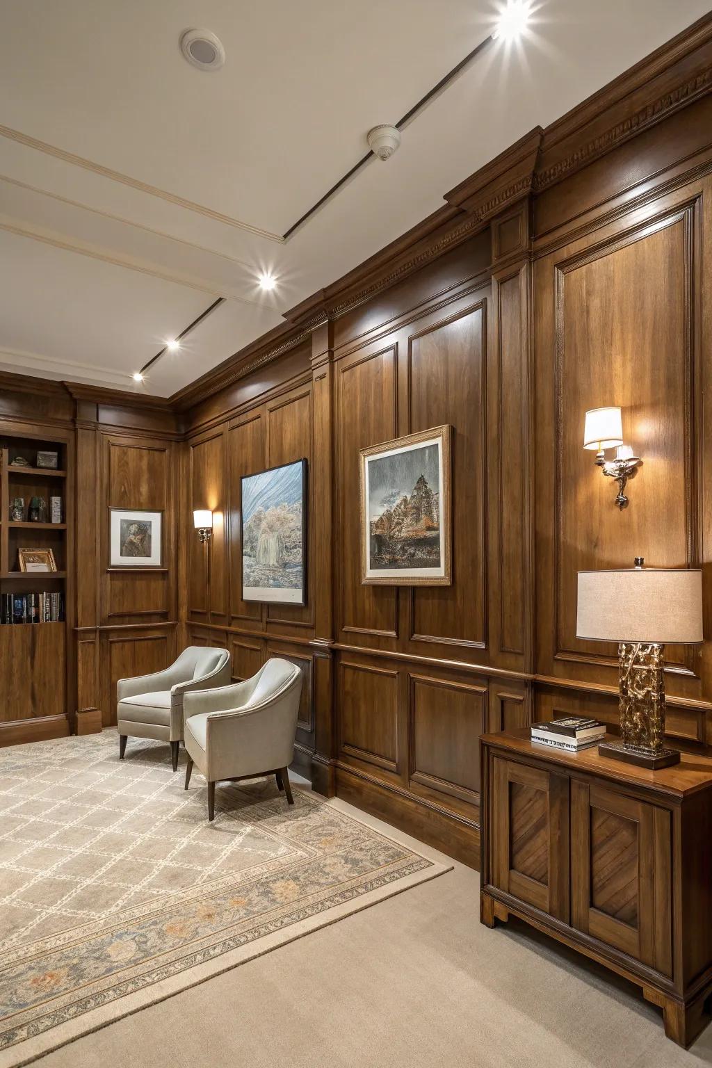 Elegance and dimension using wooden wainscoting.