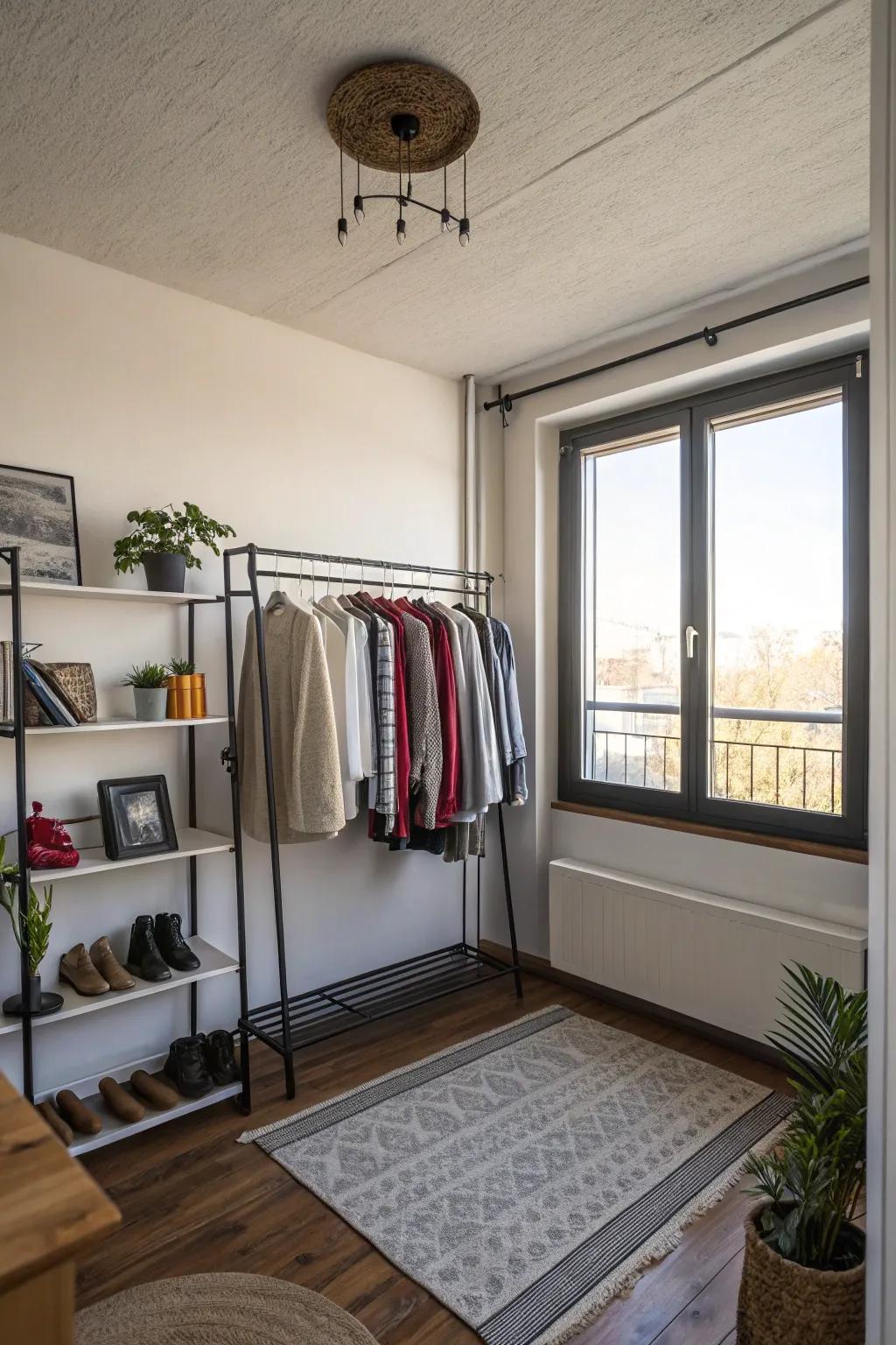 A small apartment featuring a ceiling-mounted clothing rack.