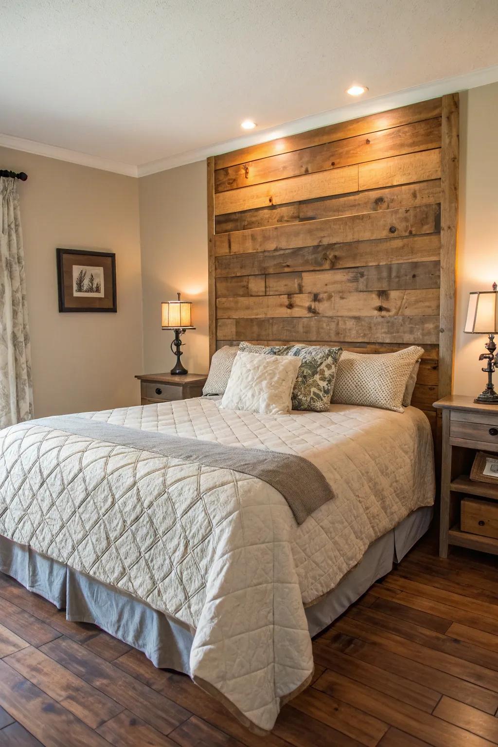 Reclaimed timber panels introduce organic charm and sustainability.