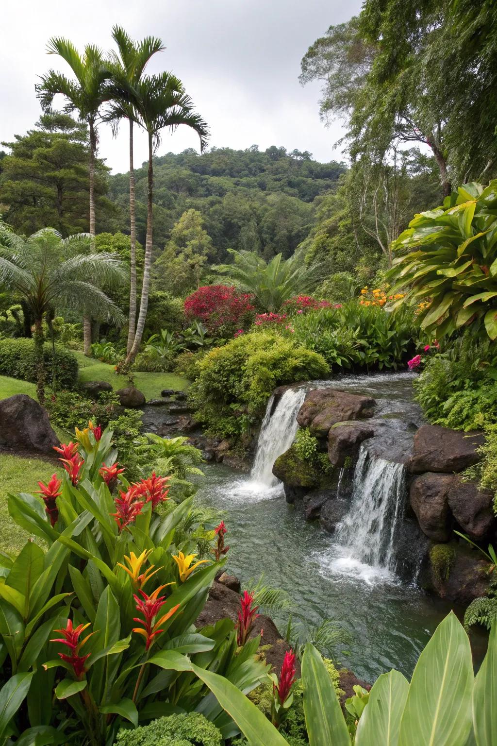 A waterfall enhances the tropical vibes of a vibrant garden.