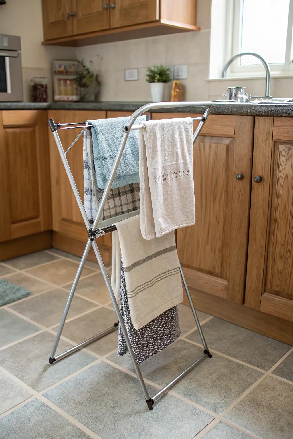 Opt for a collapsible stand to relish adaptable and portable towel storage.
