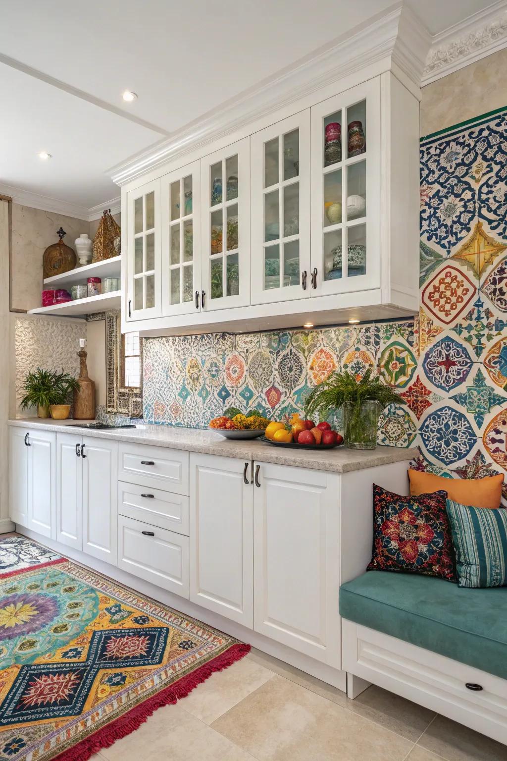 Middle-Eastern-inspired tiles infusing a vibrant charm into kitchens with white cabinets.