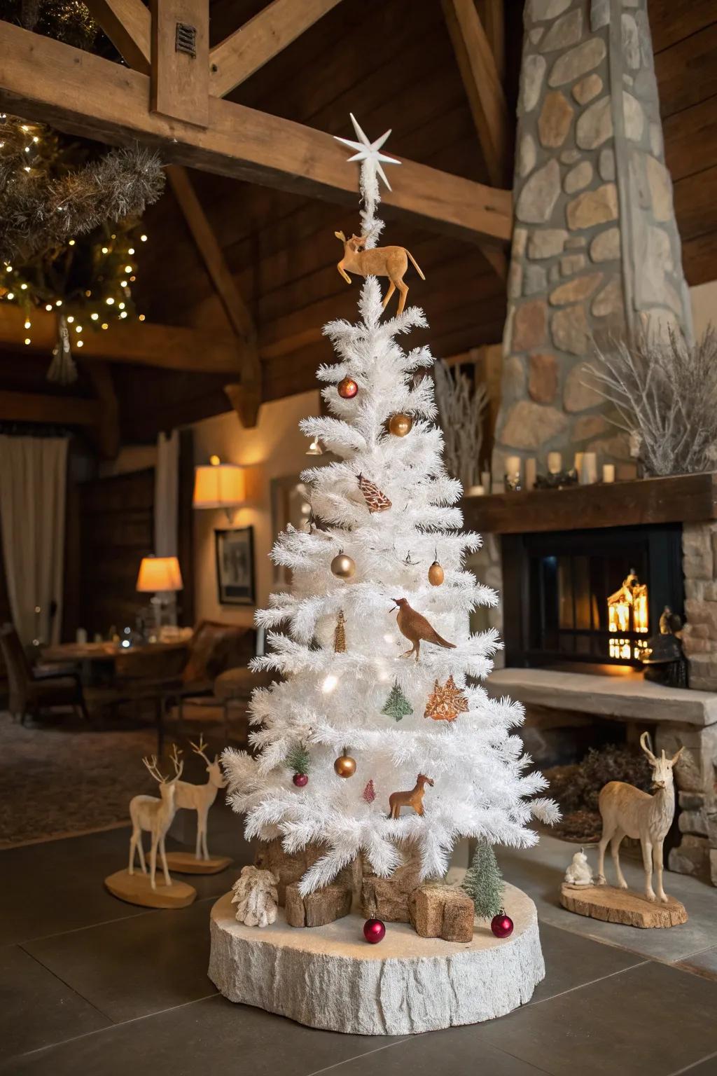 Rustic woodland magic on a white Christmas tree.