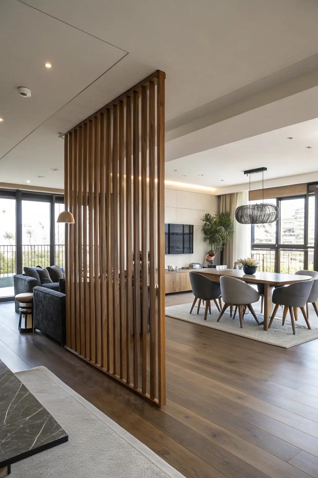 Define your area through a chic timber slat divider.