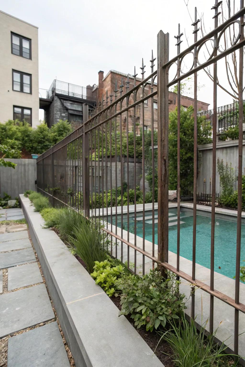 An industrial-style metal barrier adds a modern edge to the pool.