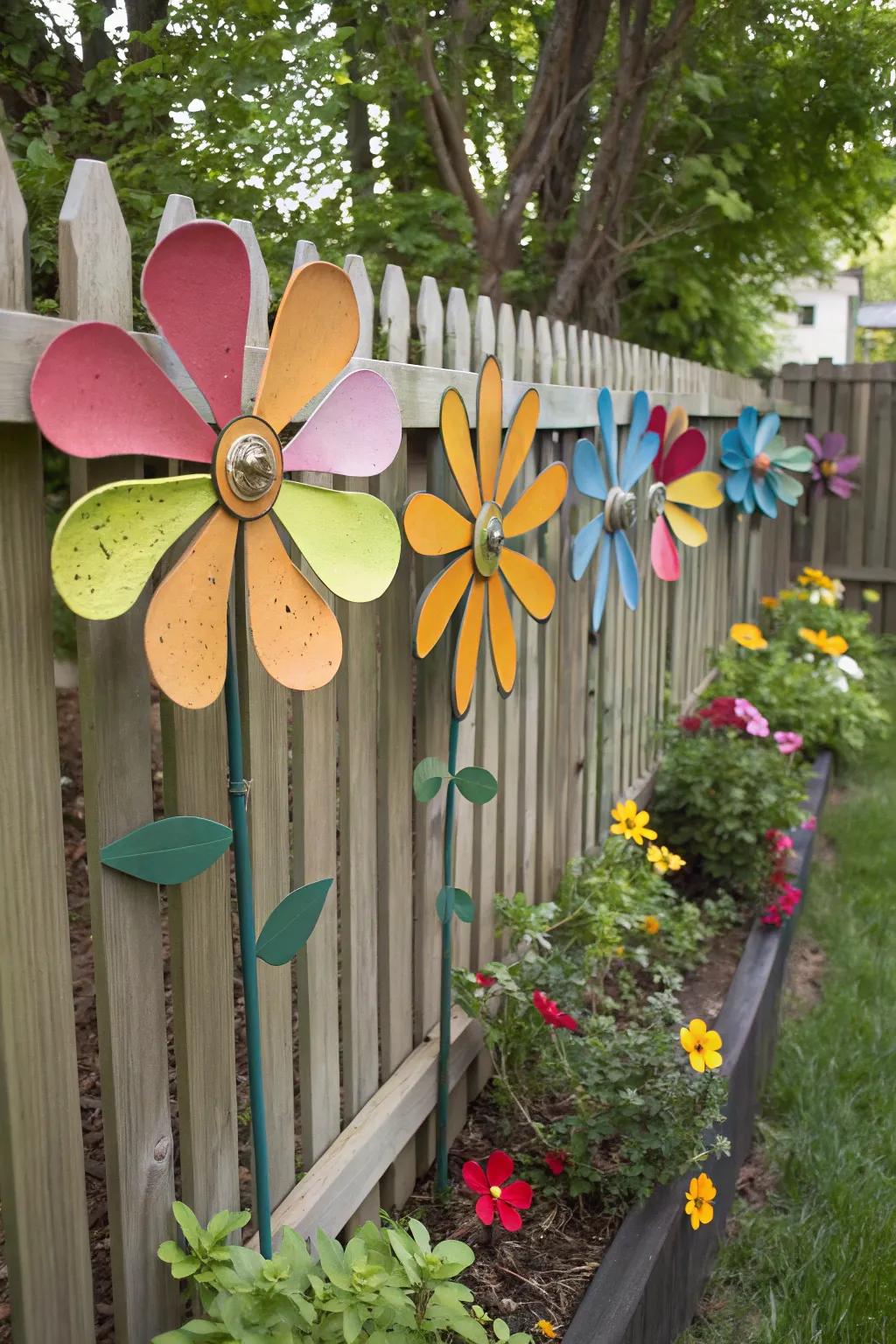 Repurposed fan blade flowers bring vibrant color to this fence.