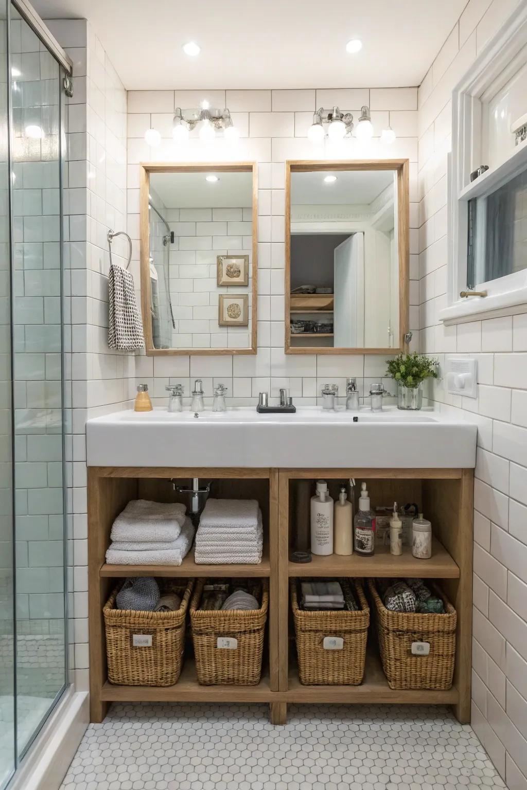 Clever hidden storage nooks keeping the bathroom clutter-free.