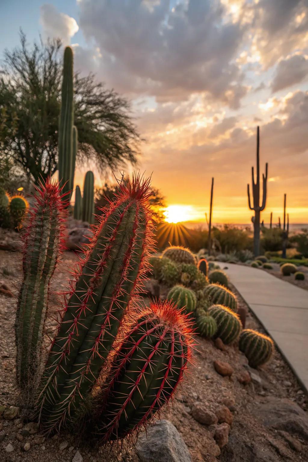 Cacti with red spines glowing gorgeously during sunset.