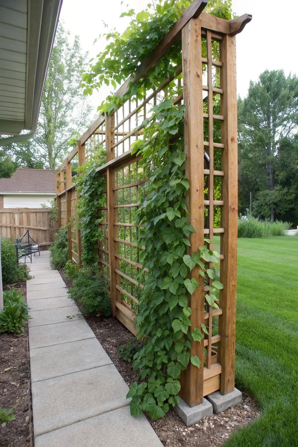 A homey DIY scaffolding transformed by lavish climbing vines.