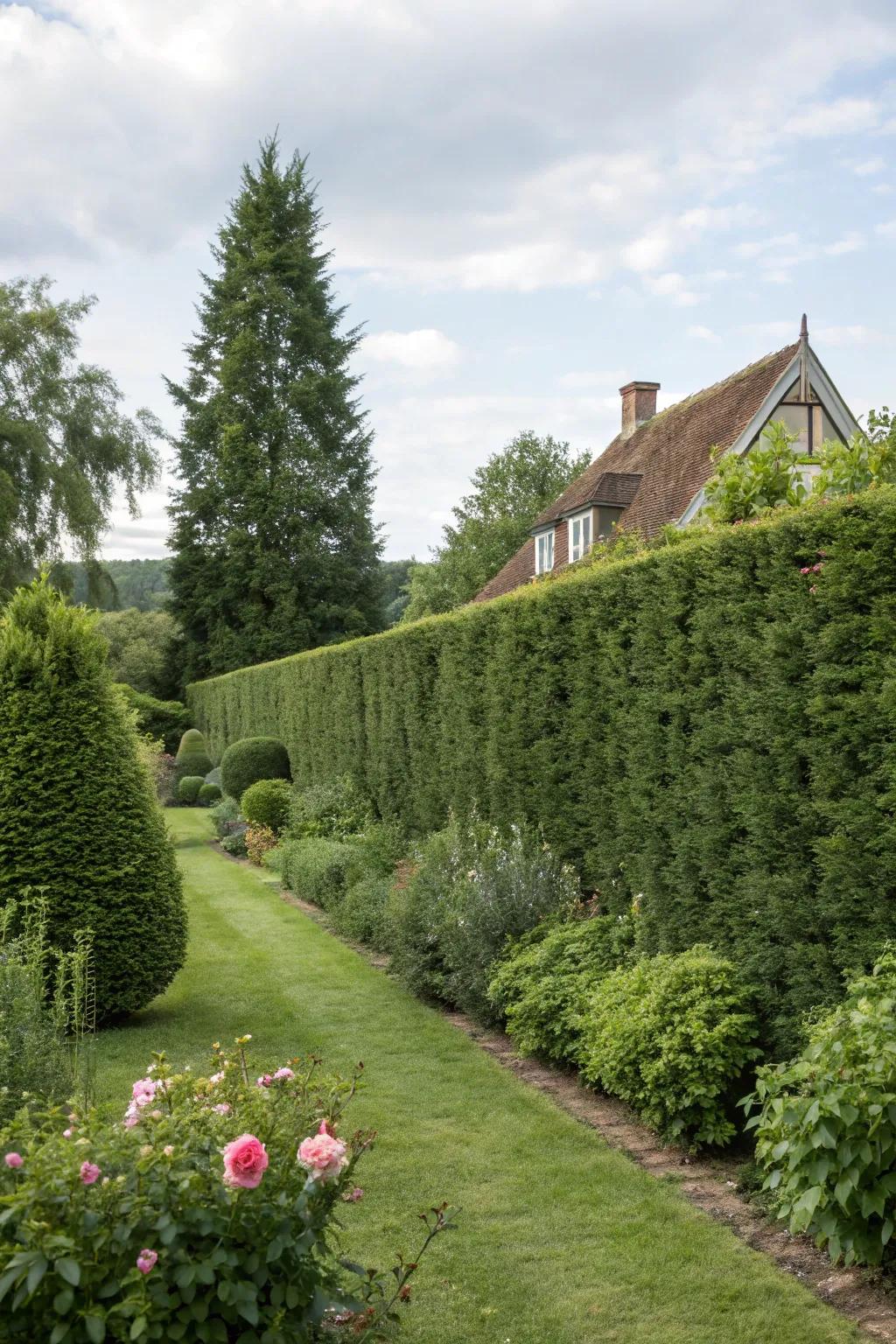 Evergreen shrubs form a lush, year-round privacy hedge.