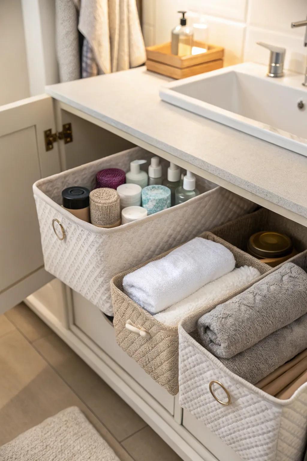 Fabric bins offer a gentle storage option for delicate items.